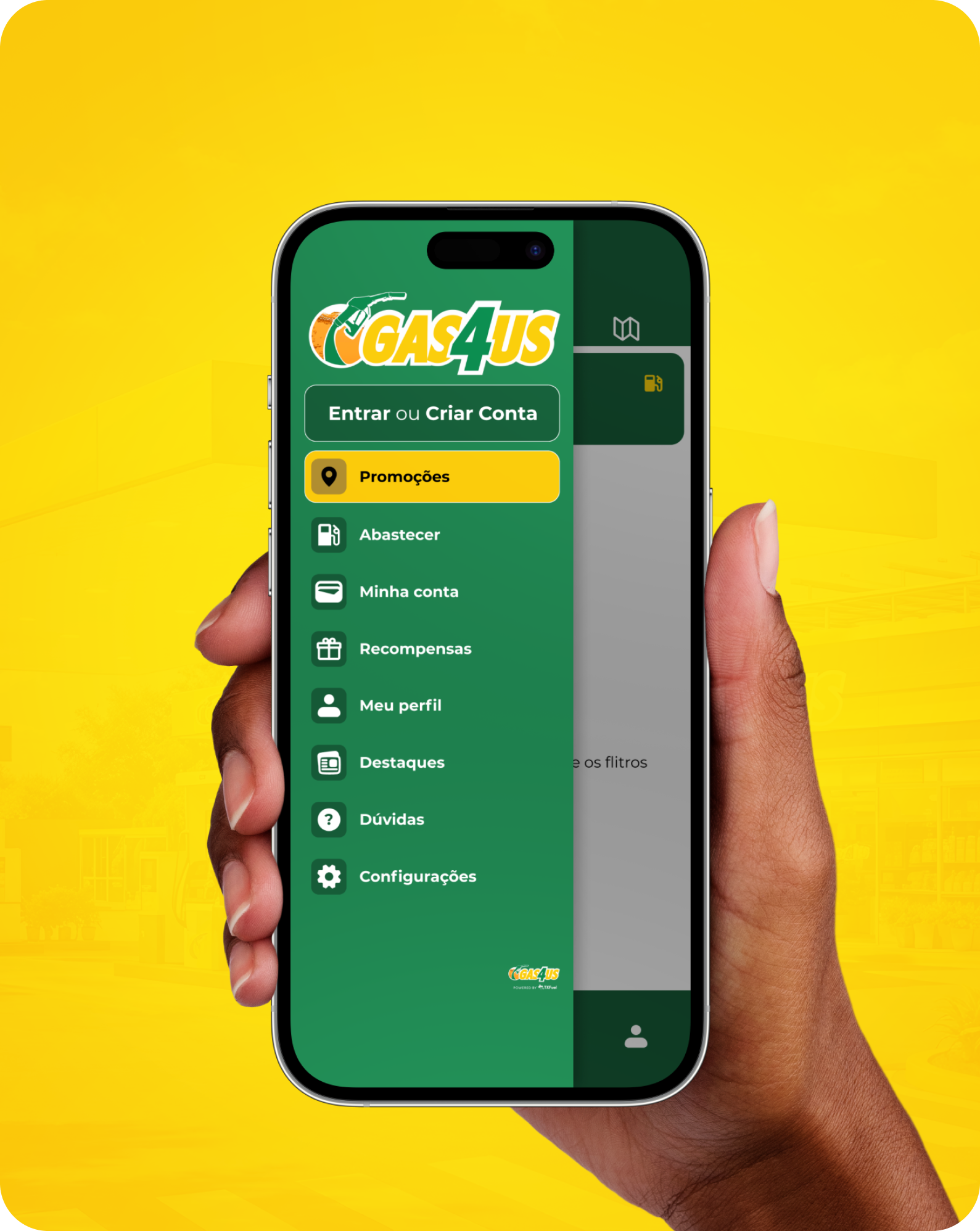 Celular com a prévia do aplicativo GAS4US